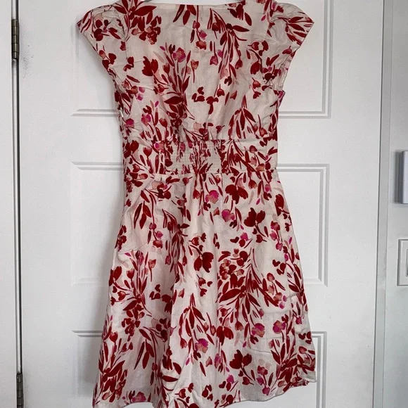 Banana Republic Linen-Cotton Red/Pink/White Floral Mini Dress V-Neck - Size 2 - Picture 9 of 11